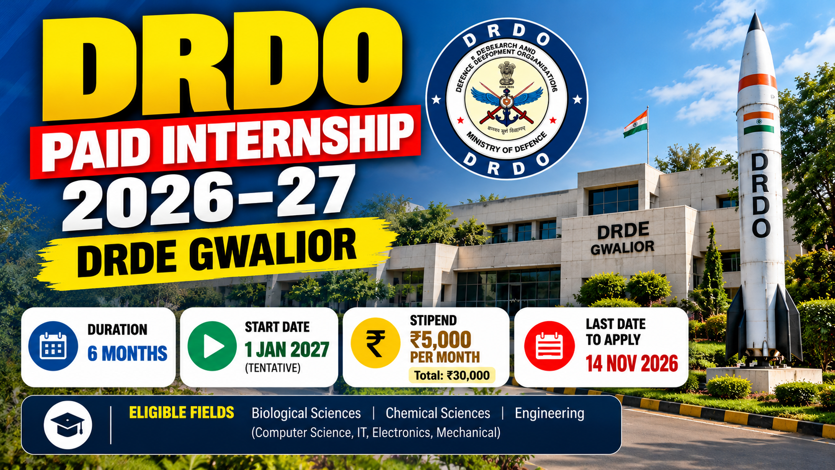 DRDO Paid Internship 2026–27: Eligibility, Stipend, Important Dates and How to Apply