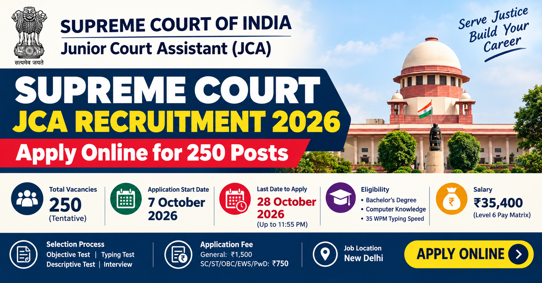 Supreme Court Junior Court Assistant Recruitment 2026: Apply Online for 250 Posts