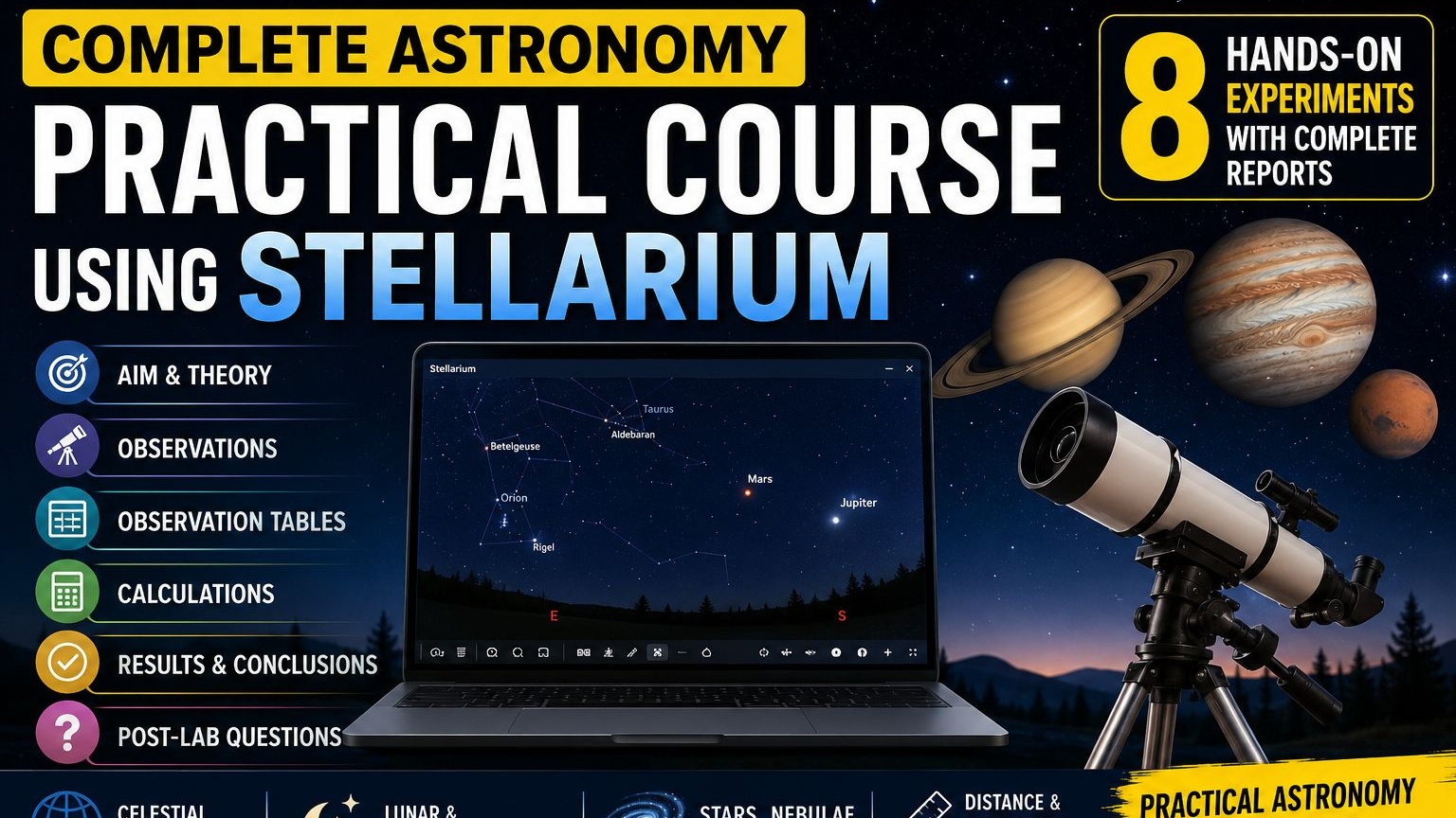 Complete Astronomy Practical Course Using Stellarium | 8 Hands-on Experiments with Reports, Calculations & Post-Lab Solutionsd Course