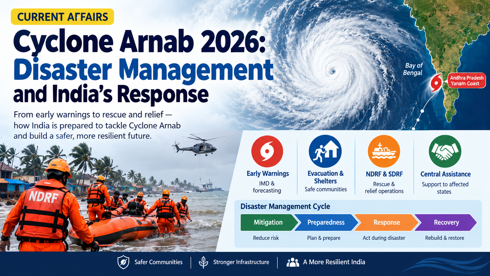 Cyclone Arnab 2026 and India’s disaster management response, showing a cyclone over the Bay of Bengal