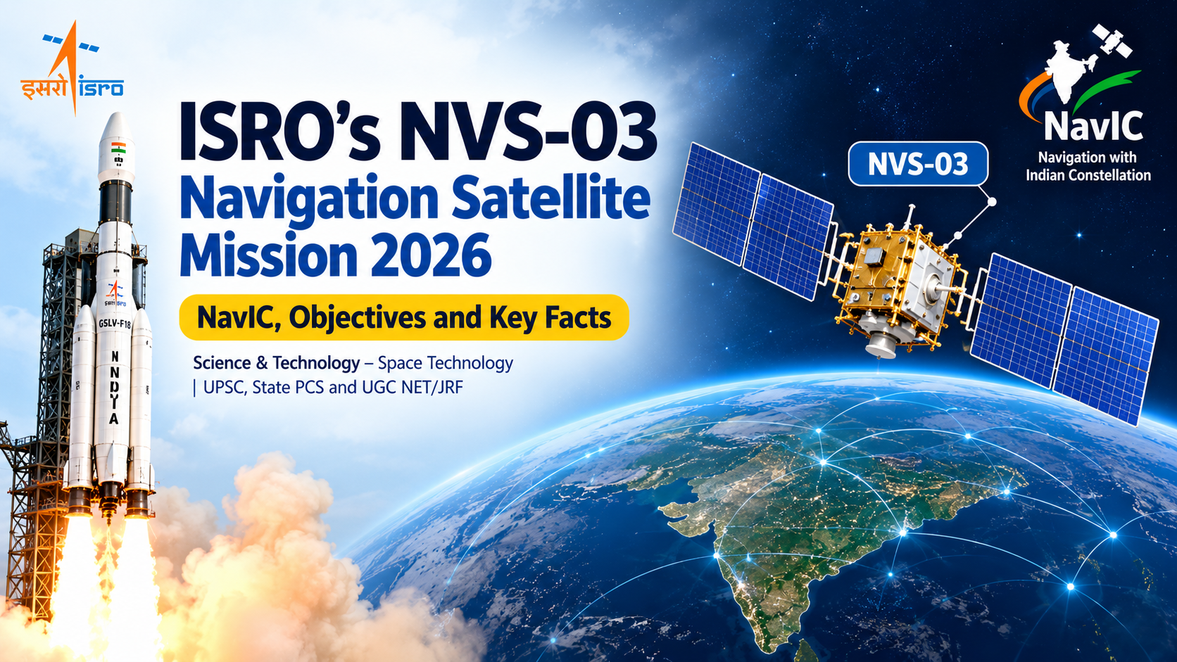 ISRO’s NVS-03 navigation satellite mission 2026, featuring the GSLV-F18 rocket, NVS-03 satellite with blue solar panels, Earth, and India’s NavIC navigation system.