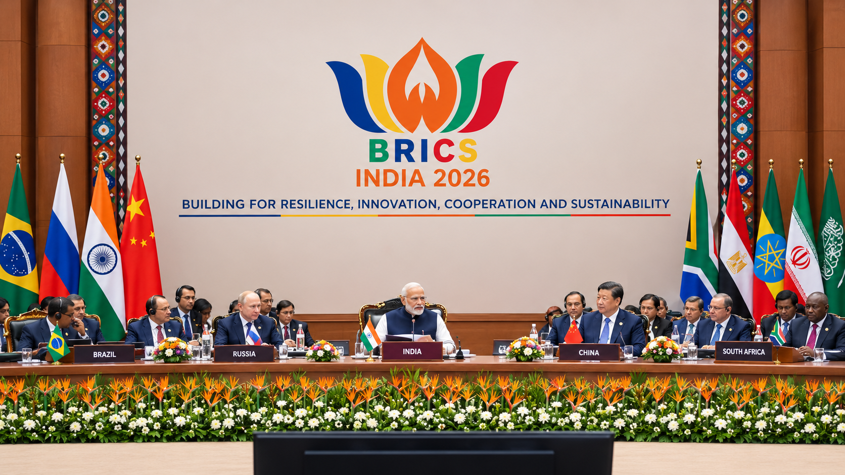 BRICS India 2026 summit meeting showing international delegates seated at a conference table with national flags, the BRICS logo, the theme “Building for Resilience, Innovation, Cooperation and Sustainability,” and India hosting the multilateral gathering.