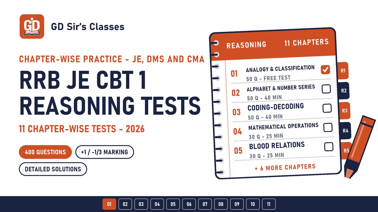 RRB JE CBT 1 Reasoning Chapter-wise Test Series 2026 - 11 Practice Tests
