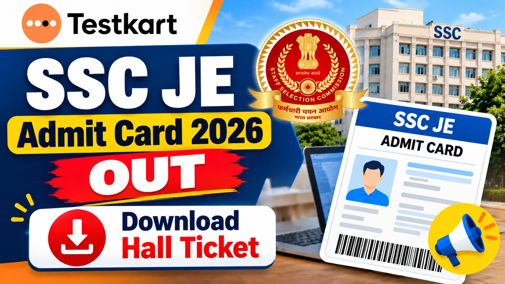 SSC JE Admit Card 2026 OUT – Testkart banner featuring the SSC logo, Junior Engineer hall ticket illustration, and Download Hall Ticket announcement.