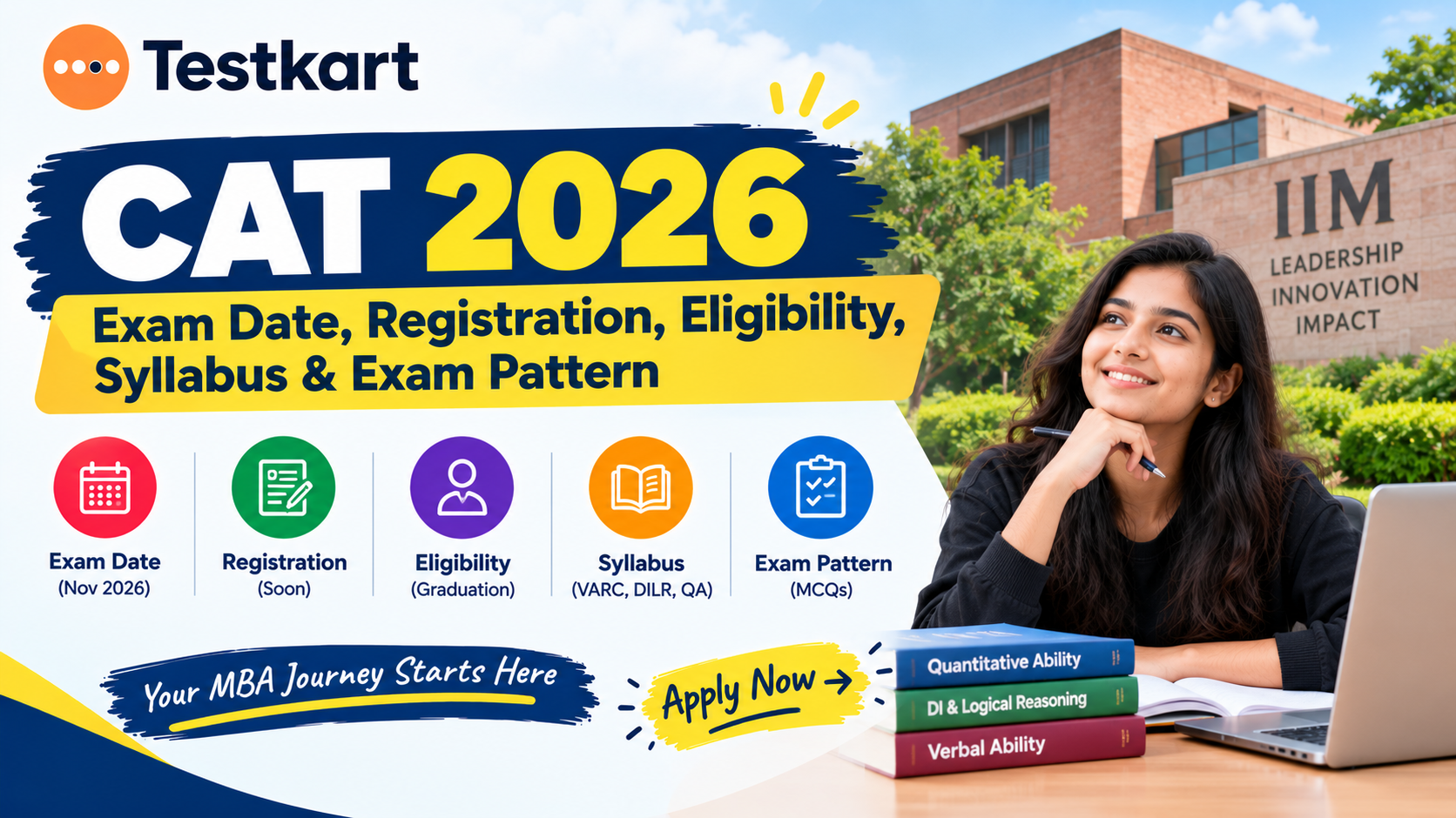 CAT 2026 image featuring an MBA aspirant, IIM campus, exam date, registration, eligibility criteria, syllabus, and exam pattern.