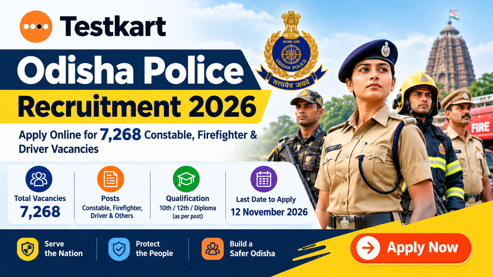 Odisha Police Recruitment 2026, highlighting 7,268 Constable, Firefighter and Driver vacancies, with police officers, a firefighter, Odisha Police emblem, eligibility details, application deadline of 12 November 2026 and an Apply Now graphic.